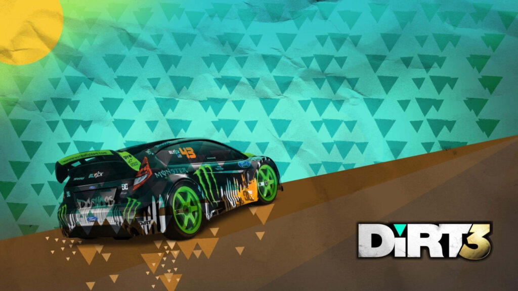 Dirt 3 Rally Car Wallpaper: Vibrant Racing Game Design with Geometric Background