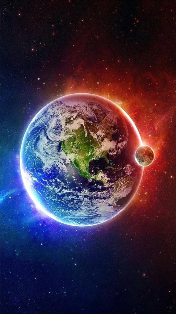 4K Earth and Moon red nebula wallpaper for Samsung Galaxy with deep blue cosmic background