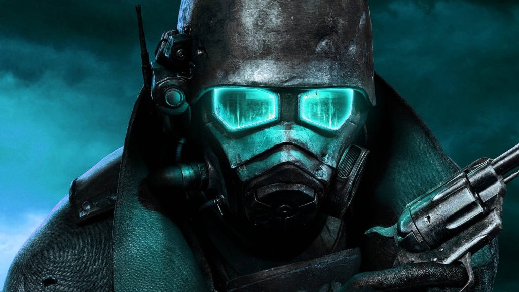 Close-up Fallout ranger helmet and gas mask with glowing teal eyes and revolver in 4K wallpaper