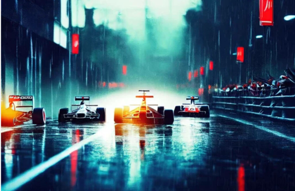 Formula 1 cars racing on rain-soaked night circuit with vibrant lights and reflections 4K wallpaper