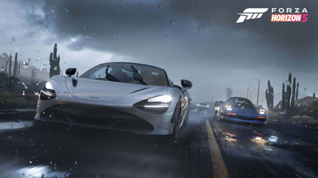 Exhilarating Forza Horizon 5 4K Wallpaper: Cars in Rainy Desert Action