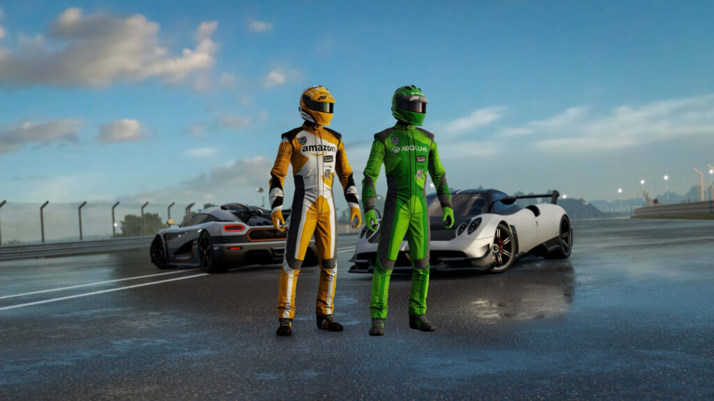 Custom Racing Drivers in Bright Suits on Track with Sports Cars: Forza Motorsport 7 Wallpaper
