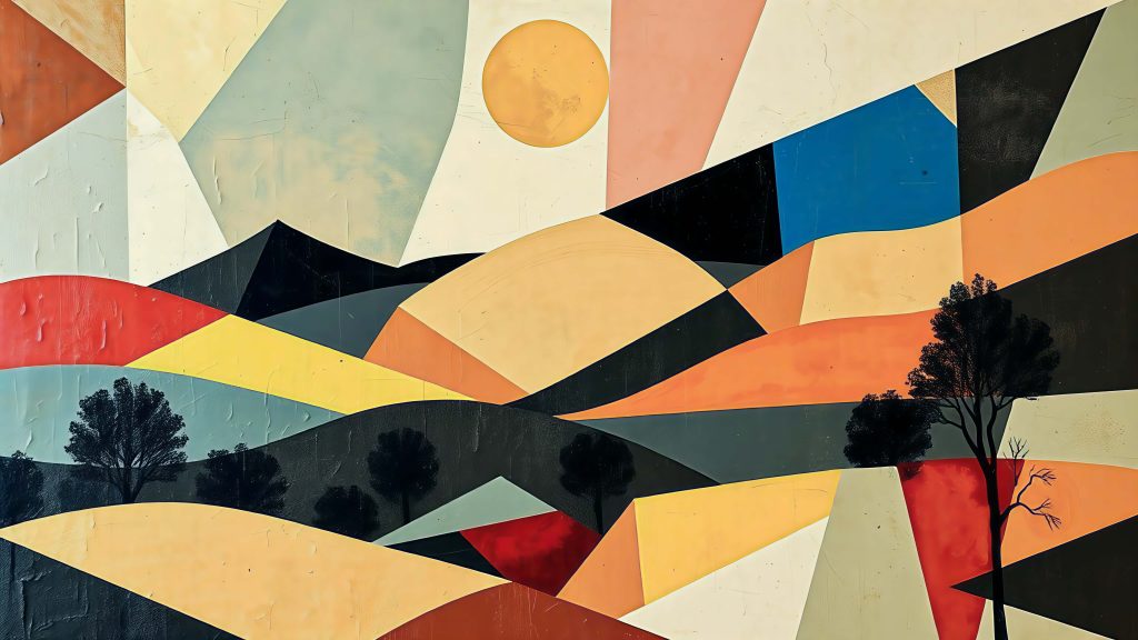 4K geometric abstract landscape wallpaper with black trees rolling hills warm muted colors sun