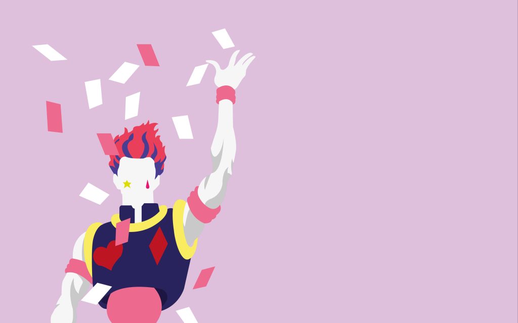 4K Hisoka vector art wallpaper Hunter x Hunter minimalist design playing cards lavender background