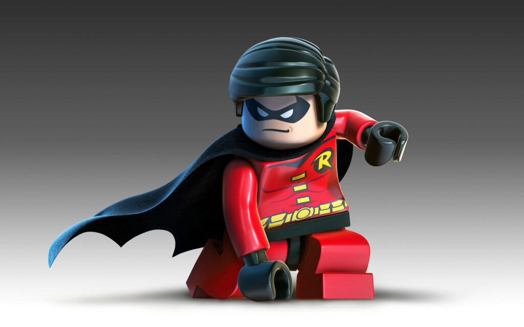 4K LEGO Robin superhero sidekick in red and black pose detailed textures vibrant gradient background Wallpaper