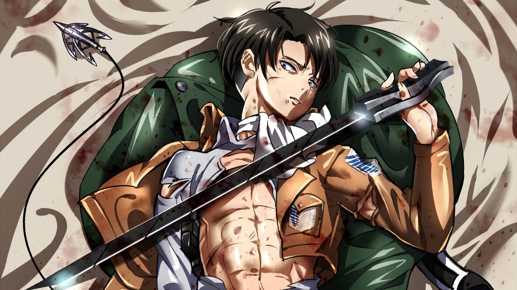 Levi Ackerman 4K wallpaper battle-worn Survey Corps captain with broken blade and blood stains