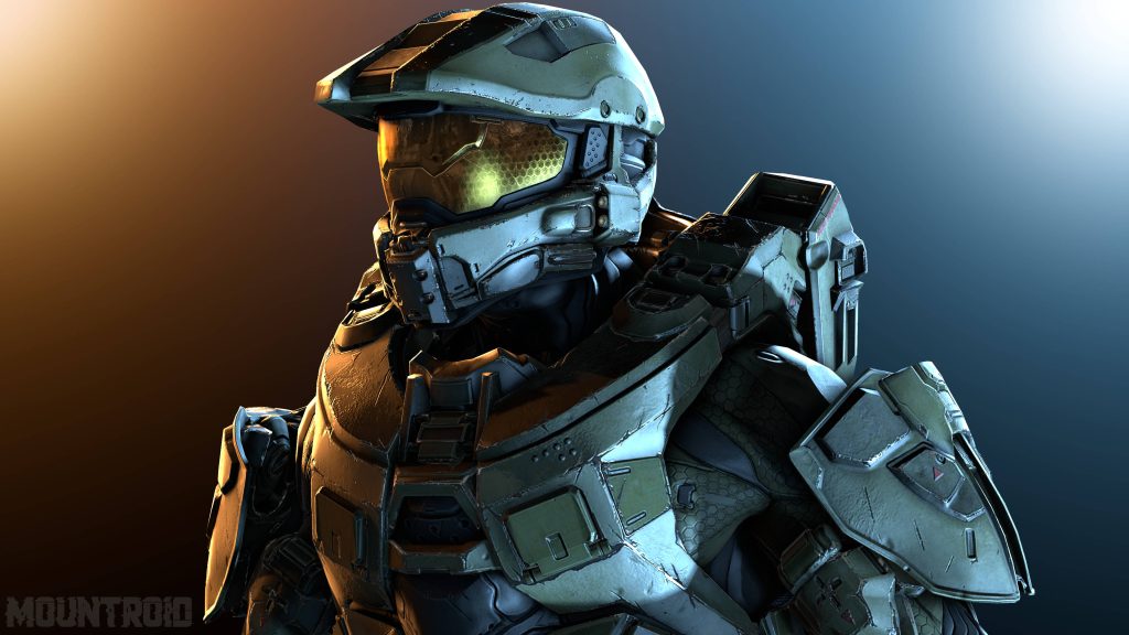 4k Master Chief Halo wallpaper with detailed green Mjolnir armor and dramatic amber blue lighting