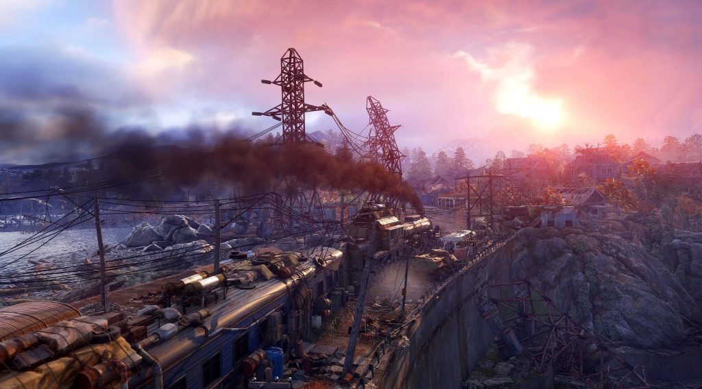 4K Metro Exodus wallpaper Aurora train crossing post-apocalyptic ruins vibrant sunset smoke