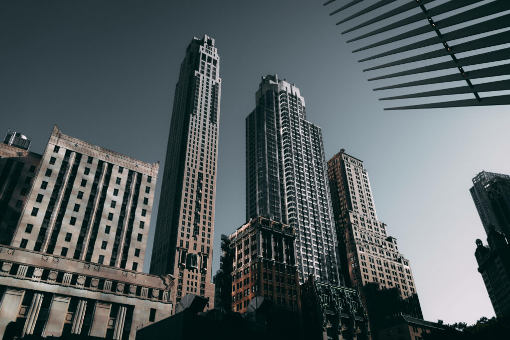 Stunning 4K New York Skyscrapers: Worm's Eye View Wallpaper Background