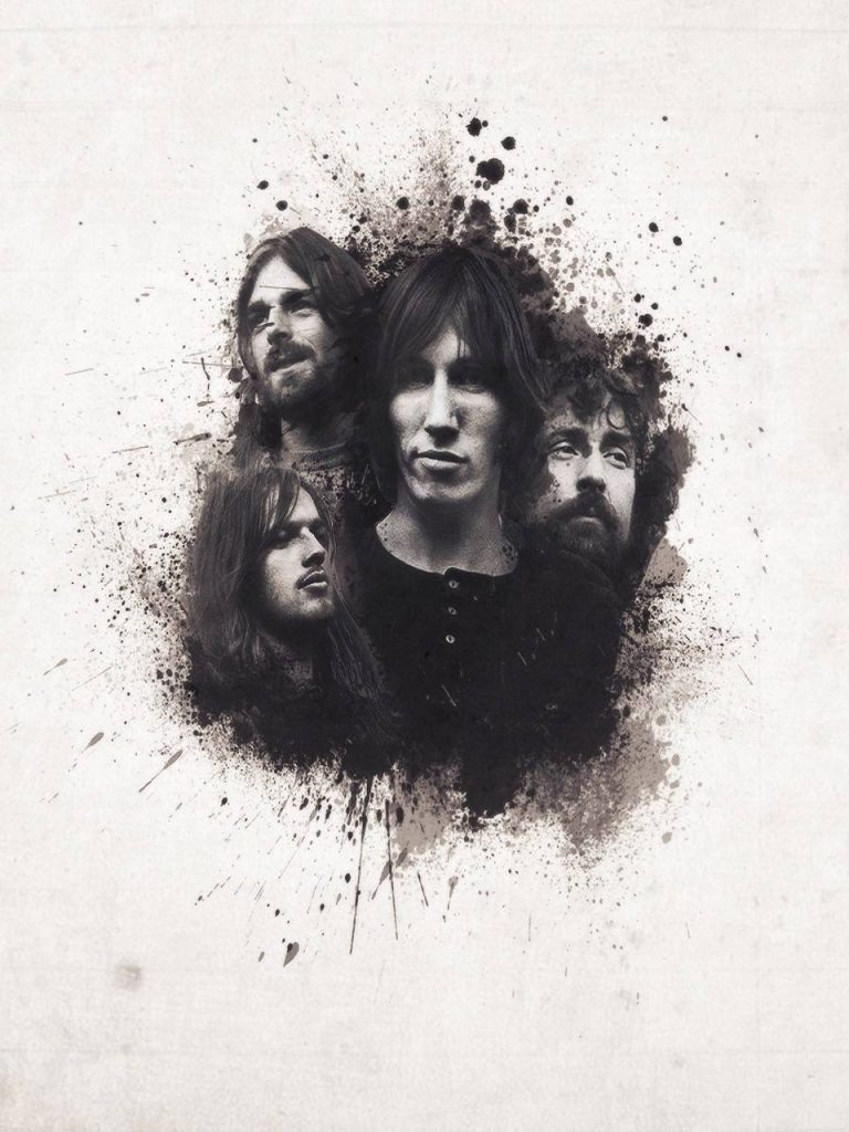 4K Pink Floyd portrait wallpaper with Roger Waters and band in black ink splatter minimalist style