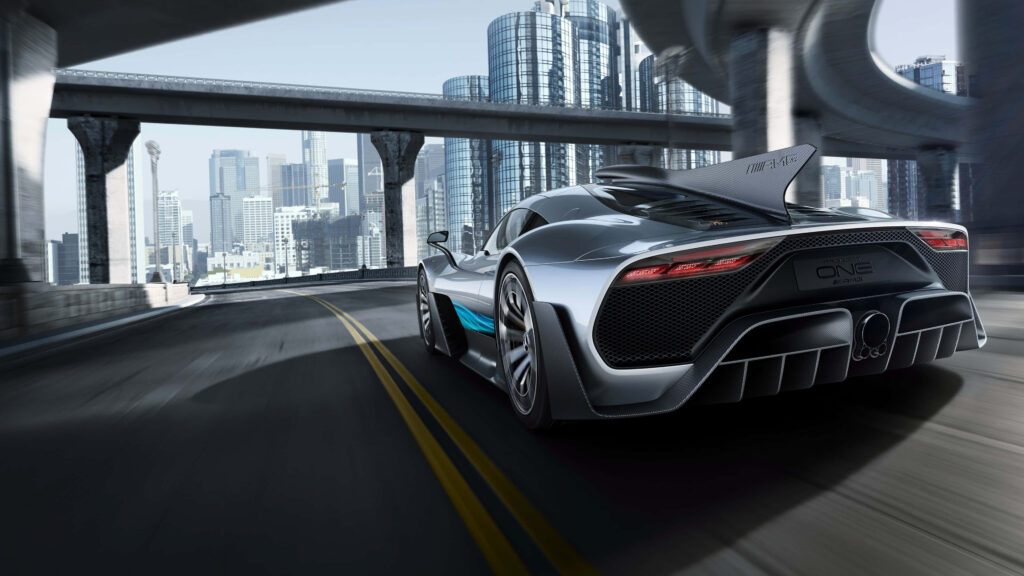 4K Project Cars wallpaper of sleek supercar racing through vibrant modern cityscape at high speed