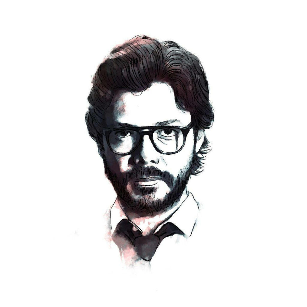 The Enigmatic Professor: Immersive 4k Pencil Art Depicting the Iconic Money Heist Character Wallpaper