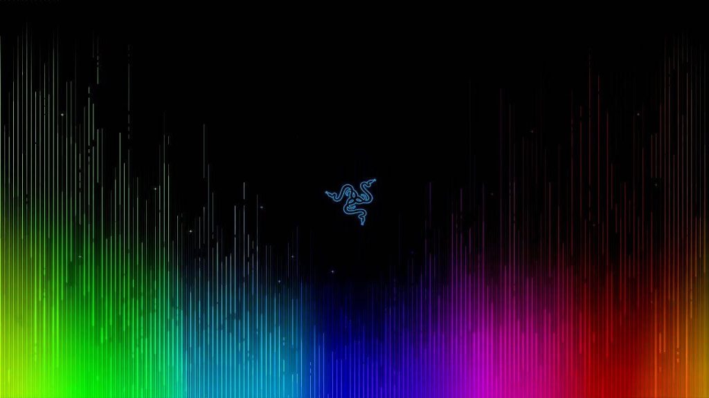 4K Razer wallpaper with cyan logo on black background and vibrant vertical rainbow spectrum below