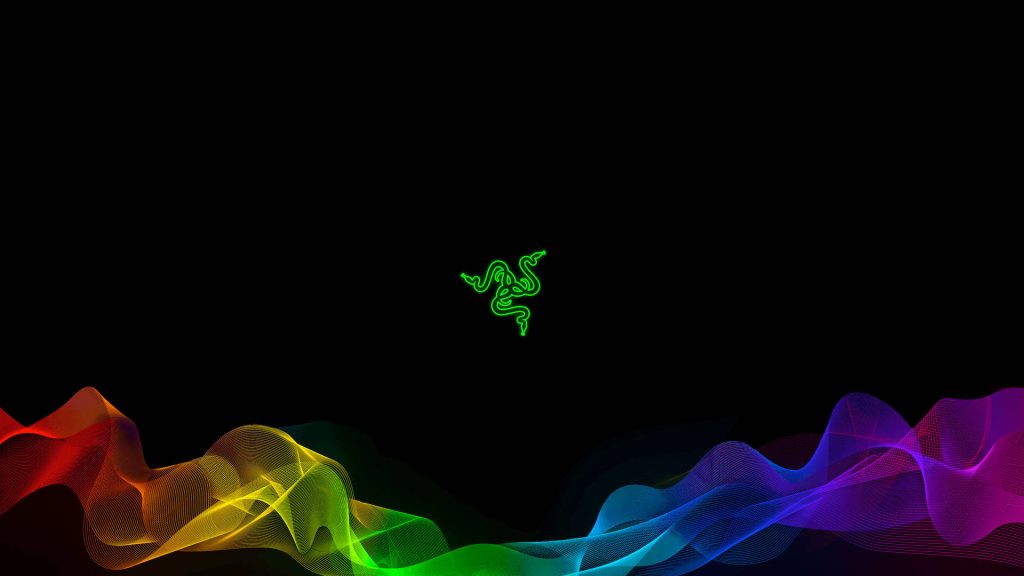 4K Razer logo wallpaper with black background and vibrant RGB wave for gaming PC setup