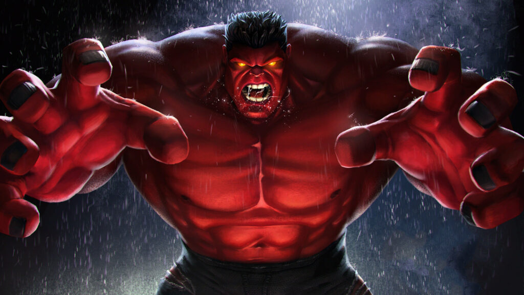 Intense Red Hulk 4K Wallpaper: Power in Dark, Rainy Atmosphere