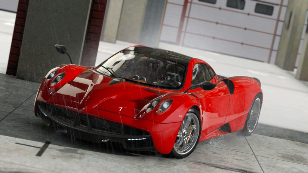 4k wallpaper of red Pagani Huayra in realistic garage with water droplets highlighting curves