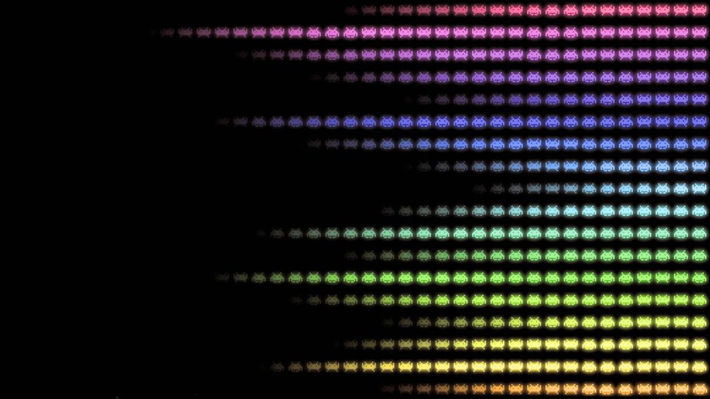 4K Space Invaders wallpaper neon rainbow 8-bit aliens diagonal retro gaming black background