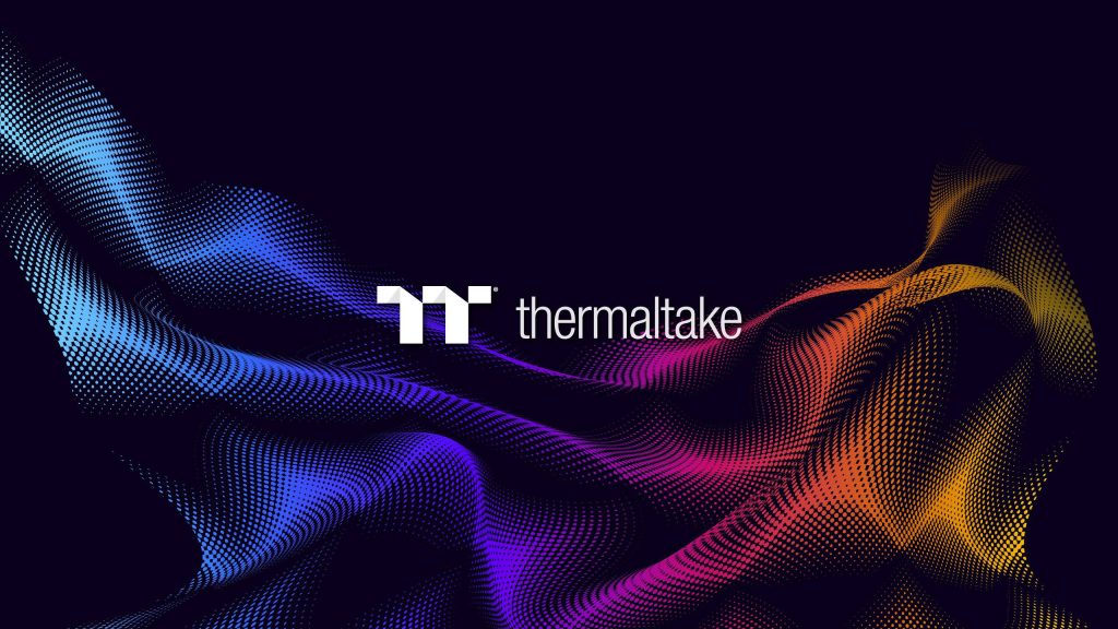 4K Thermaltake wallpaper with vibrant RGB abstract waves and iconic logo on dark background