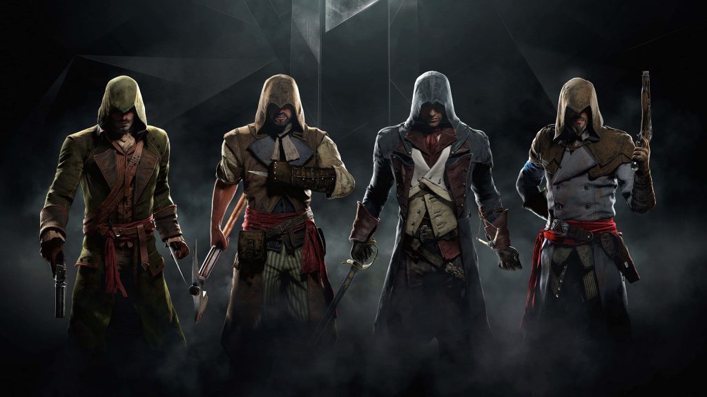 4k Ultra HD Assassin's Creed Unity wallpaper Arno Dorian with hooded assassins in misty dark scene
