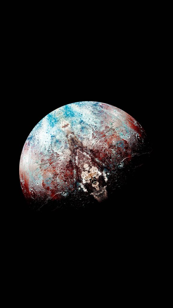 4K Ultra HD Pluto wallpaper with textured surface rusty reds icy blues and bright white heart