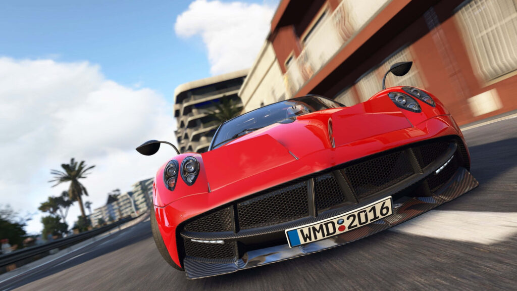 4k wallpaper vibrant red Pagani Huayra 2013 speeding through city streets dynamic realism