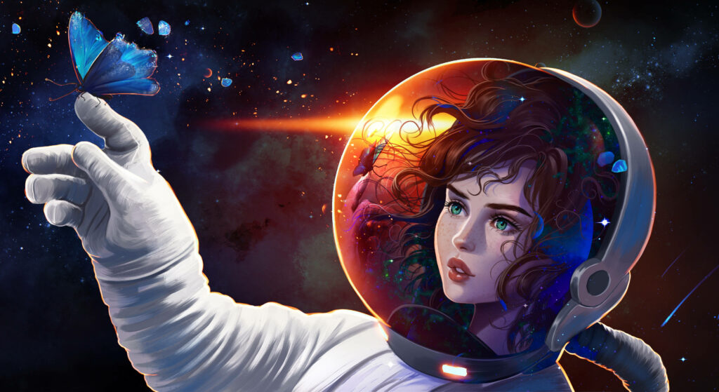 Mesmerizing 4k Cosmic Scene: Female Space Explorer Captivated by Blue Butterfly on Finger - 4k Astronaut Wallpaper