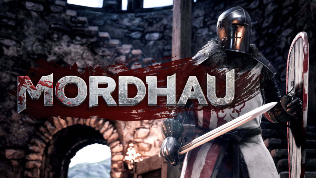 Medieval knight in full armor wielding sword in stone fortress - Mordhau promo art Wallpaper