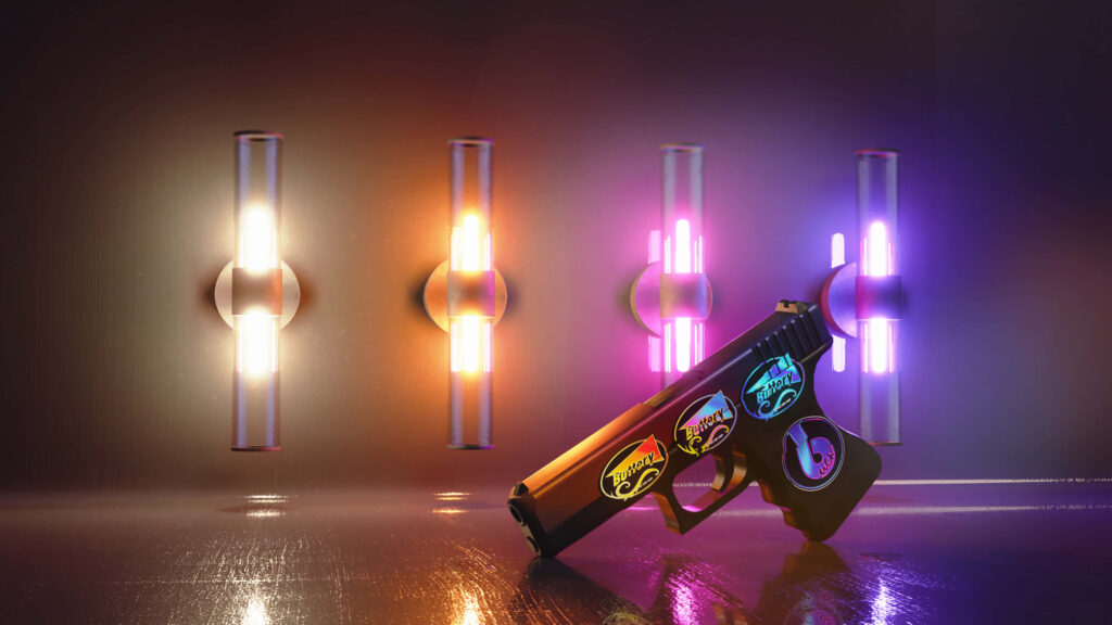 Glowing Arsenal: Neon-lit Glock 18 sets the stage for intense gaming in Counter-Strike Global Offensive (4k Wallpaper)