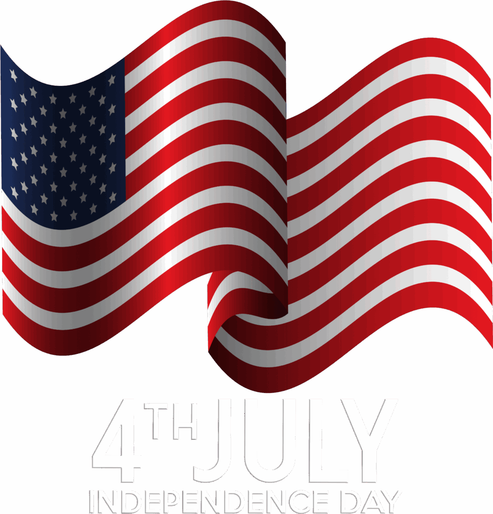 Waving American flag with bold 4th July Independence Day text patriotic celebration wallpaper