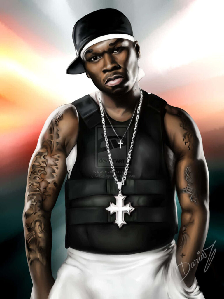 50 Cent in black vest displaying tattoos and cross necklace with dramatic dark background wallpaper
