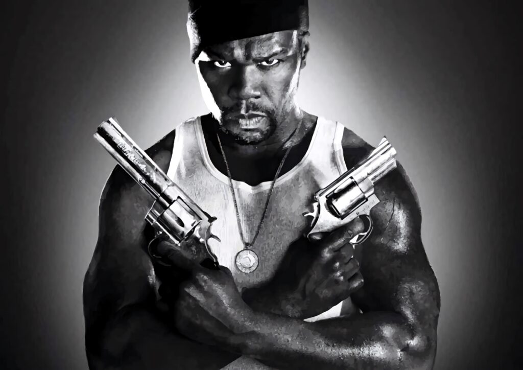 50 Cent holding two guns intense powerful rapper black and white wallpaper background portrait