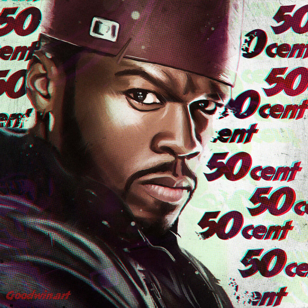 50 Cent wallpaper with iconic pose bold presence artistic design and repeated 50 Cent graphics background