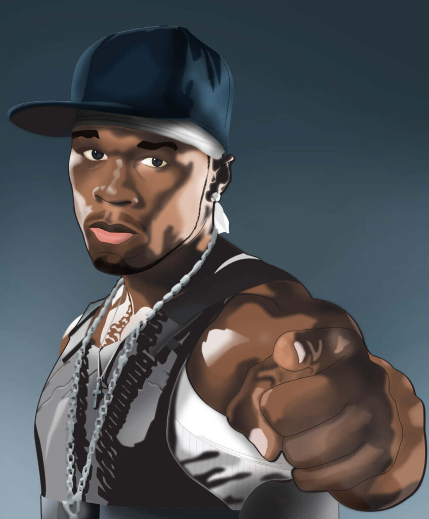 Rapper 50 Cent intense expression wearing cap and chain pointing at viewer dark background wallpaper