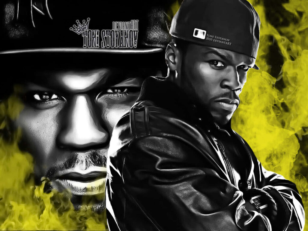 Rapper 50 Cent in hat and black jacket with intense portrait on vibrant yellow black wallpaper