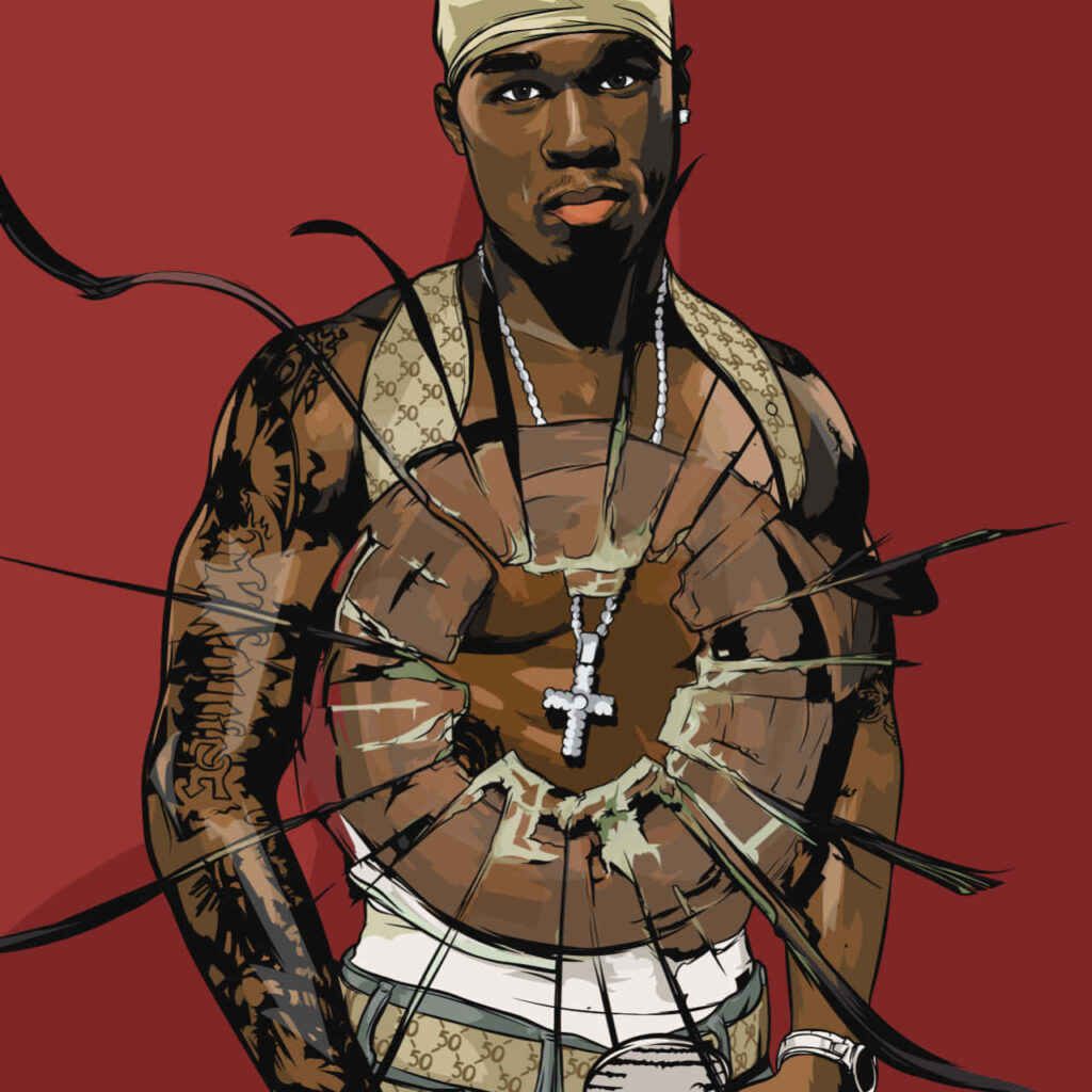 50 Cent wallpaper with tattoo chain cracked glass effect on chest deep red background