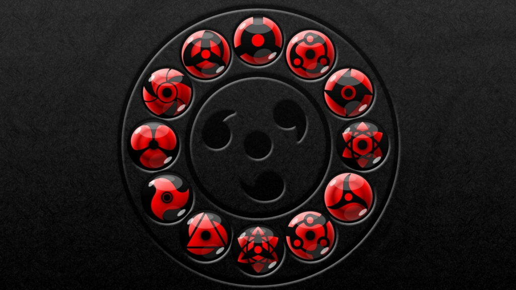 Naruto wallpaper with iconic Sharingan and Mangekyou eyes in glossy red circle on dark background