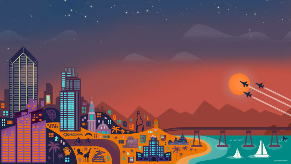 Vibrant San Diego cityscape vector with Coronado Bridge El Cortez sunset airplanes sailboats wallpaper
