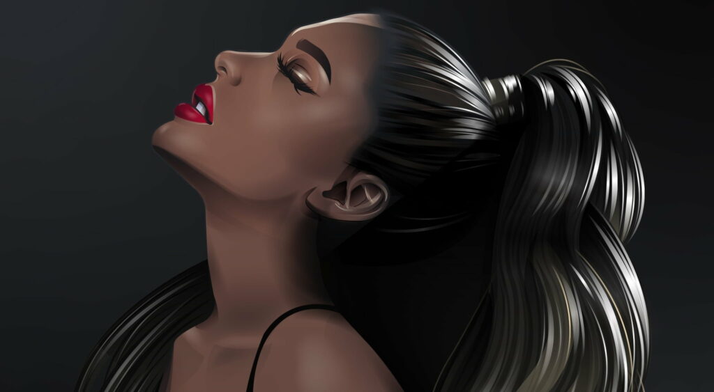 Digital illustration of Ariana Grande profile with high ponytail and bold red lips wallpaper