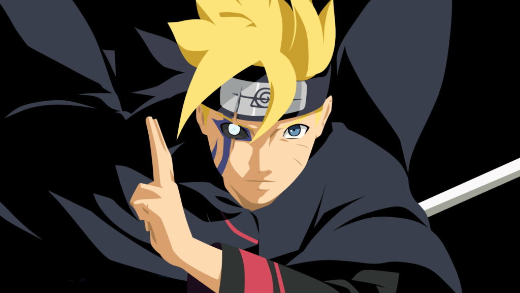 Boruto Uzumaki anime wallpaper pointing up with blond hair Karma seal on black background