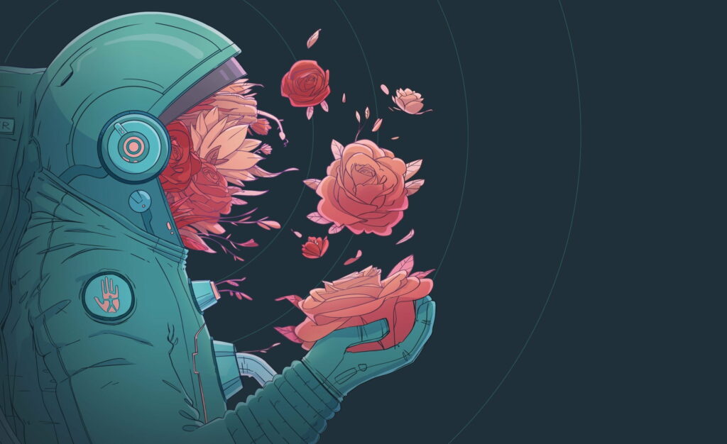 Astronaut helmet blooming vibrant pink roses holding flower dark blue space background wallpaper
