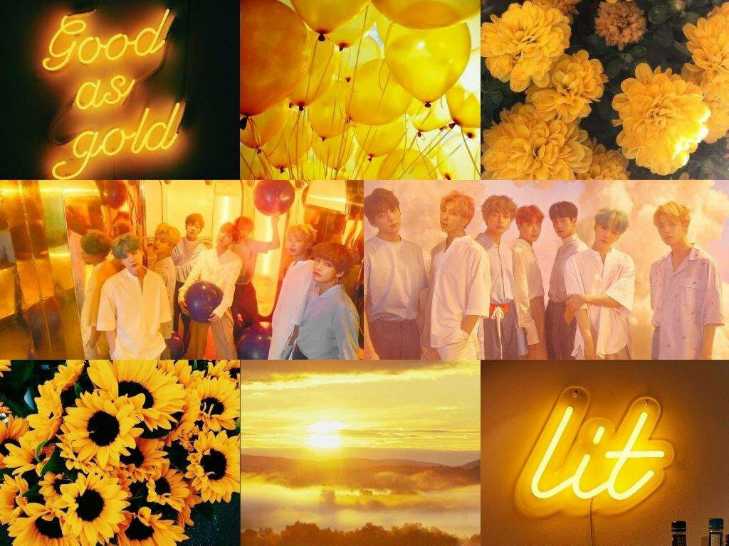 Golden Collage: Capturing the Yellow Aesthetic with BTS Members Wallpaper