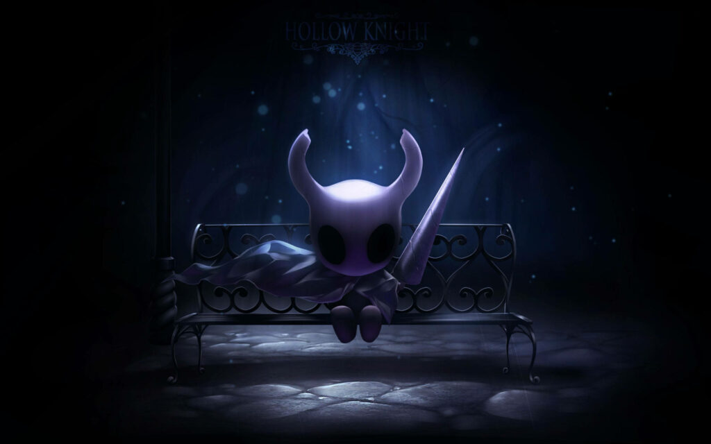 Hollow Knight protagonist resting on bench with iconic mask in atmospheric setting Wallpaper