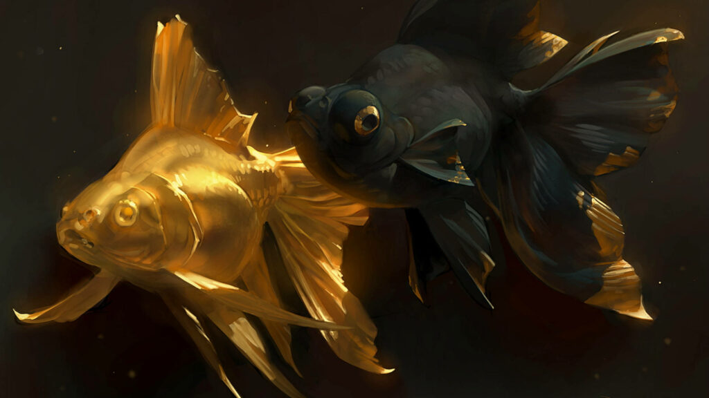 Golden Fins on a Black Canvas: A Stunning Fish Art Wallpaper