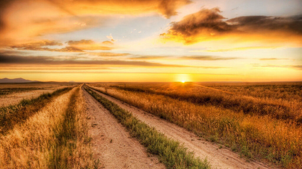 Rural Tranquility: A Rustic Sunset Over a Dirt Road in the Countryside Wallpaper
