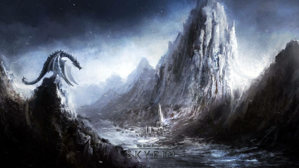 Conquer the Skies: Majestic Skyrim Dragon Perched on an Icy Mountain Wallpaper