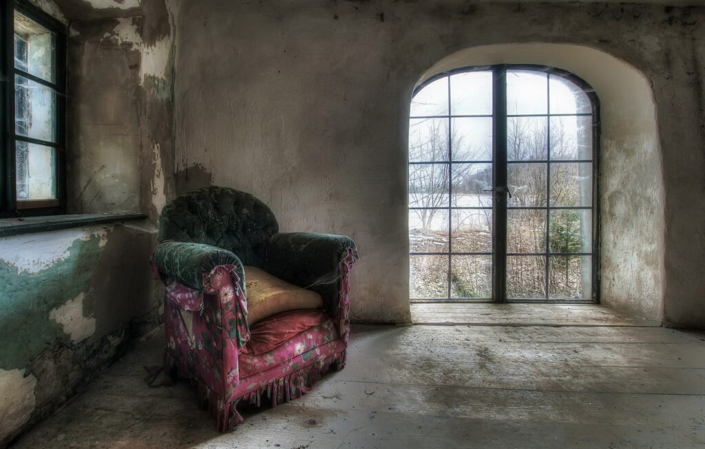 Vintage Charm: An HD Wallpaper Background Photo of an Old Room with Antique Furniture and a Chair by the Window