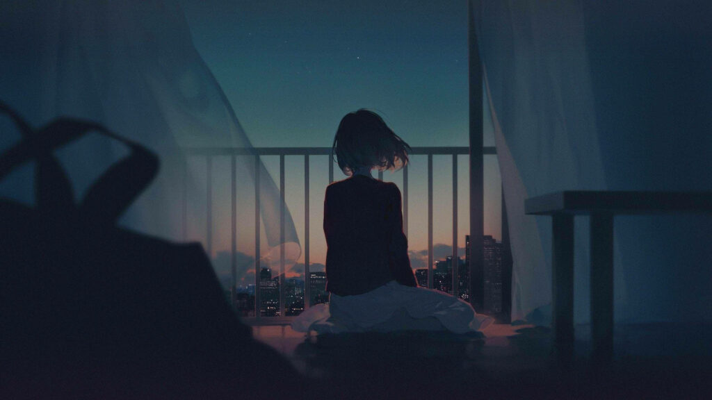 Melancholic Beauty: Capturing the Essence of Sadness in an Artistic Balcony Scene at Sunset Wallpaper