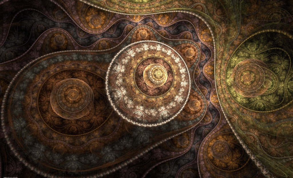 Intricate Fractal Wallpaper in Earth Tones: Brown, Green, Gold Patterns