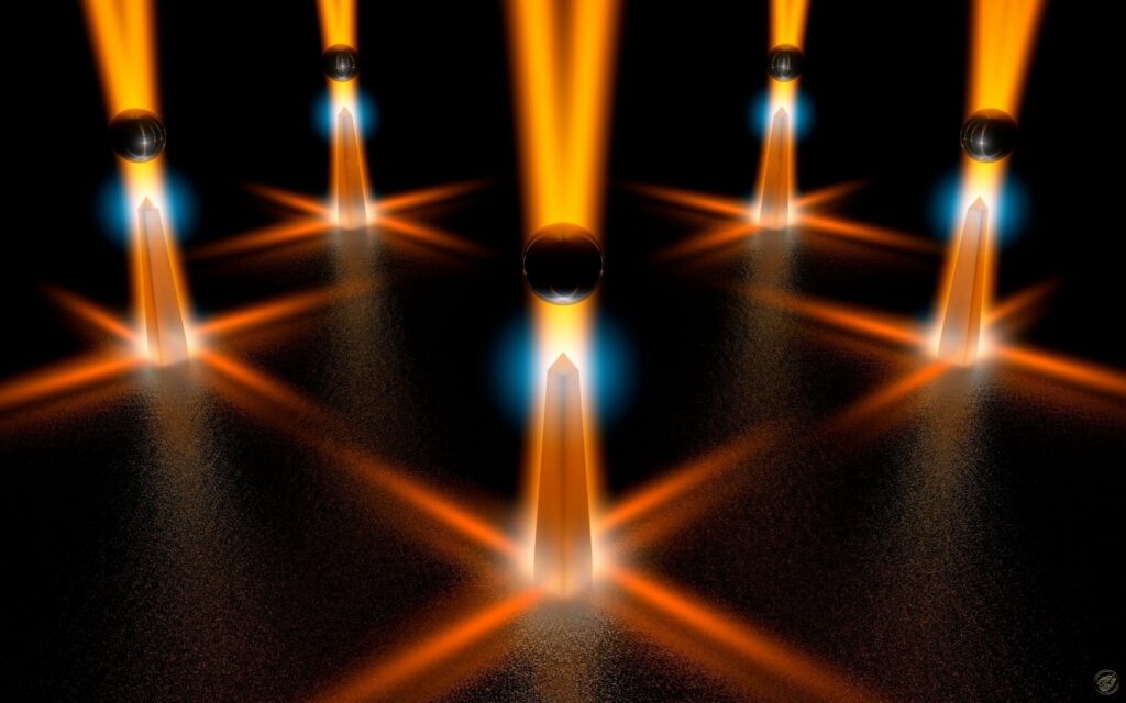 Vivid Orange Abstract Wallpaper with Glowing Spheres & Stripes