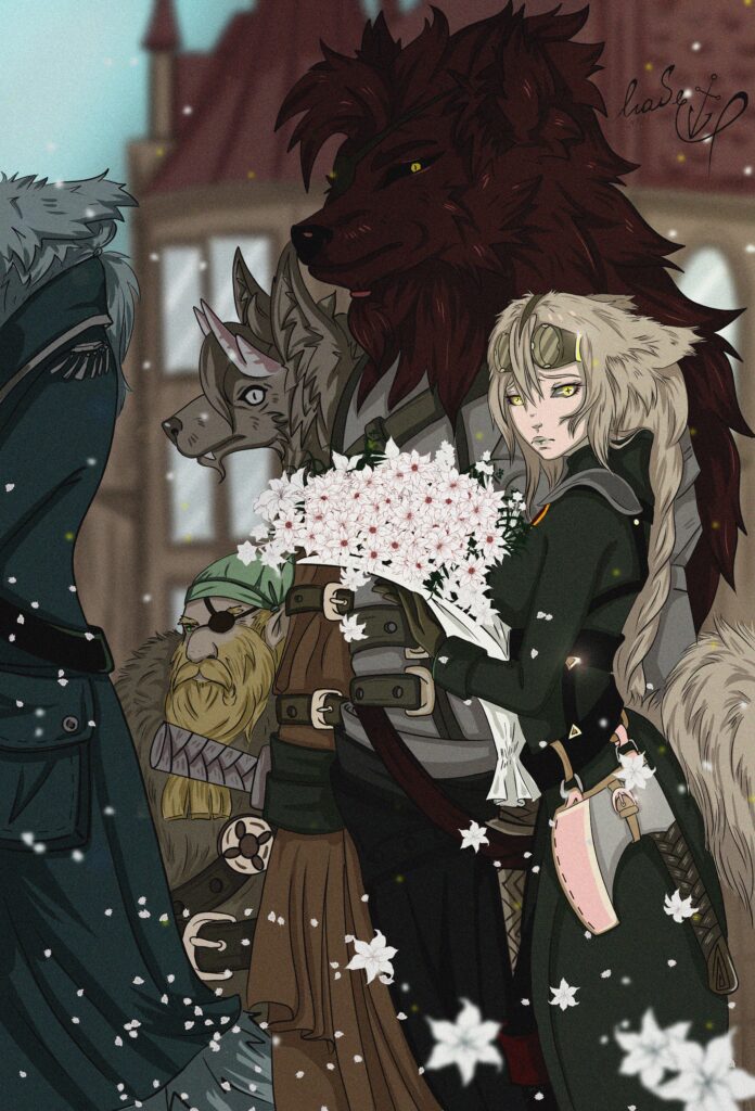 Anime Girl with Flowers Among Creatures - Mystical Snowy Wallpaper